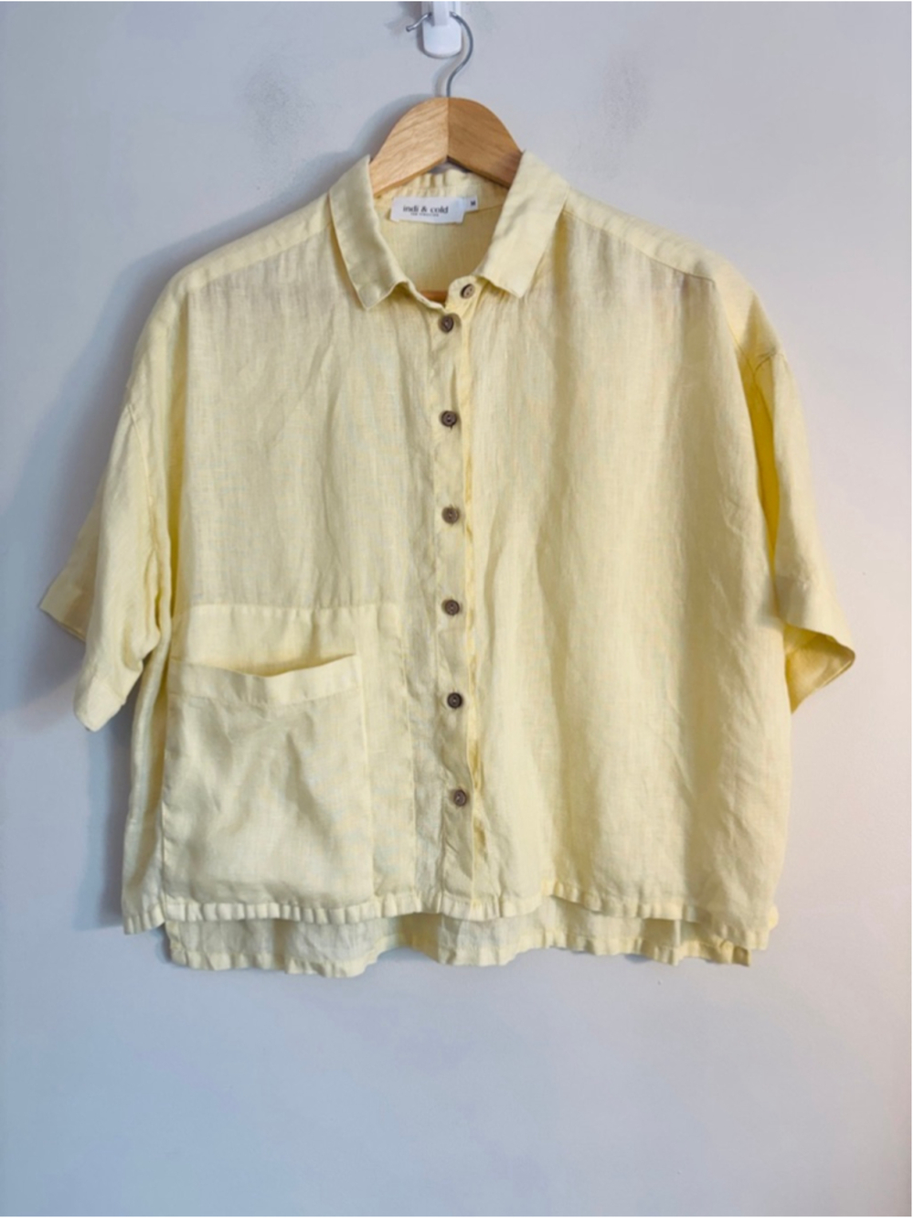 indi & cold Yellow Linen Button Down Short Sleeve Boxy Shirt Size M Lagenlook
